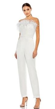 MAC DUGGAL STRAPLESS JUMPSUIT WITH FEATHER TRIM $398 Style 68146 Sz 10 White