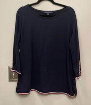 EUC Tommy Hilfiger Navy Blue Scoop Neck 3/4 Sleeve Tunic w/ Red & White Stripes