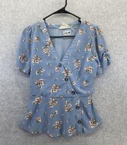 Sweet Wanderer Women's Blouse Blue Floral Peplum Surplice Small Ruched Sleeve