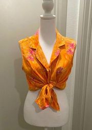 VTG ERIKA Orange & Pink Tropical Floral Print Sleeveless Button-Up Blouse Top