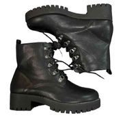 Bonnibel Black Lace-Up Chunky Sole Faux Leather Combat Boots with Buckles Size 9