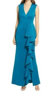 Peacock Ruffle Stretch Satin Maxi V Neck Gown NWT Captivate in this vibrantly colored satiny gown set with a cascade of ruffles running from waistline to hemline. Hidden back-zip closure. Surplice V-neck. Extended shoulders. Full-length skirt with front slit.  All measurements are in Inches and are approximate (see photos).  Length: Approximately 61 inches