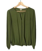 Cremieux Olive Green Faux Wrap Surplice Long Sleeve Blouse XS