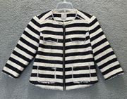 Halogen‎ Jacket Womens 6 Navy Cream Striped Tweed Fringe Trim Full Zip Blazer