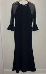 NWT - Flounce Long Sleeve Scuba Gown Sheer Formal Black Tie Wedding