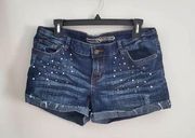 Max Rave Blue Distressed Grommet Accent Short Jean Shorts Size Junior 13