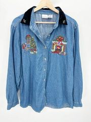 Bobbie Brooks Vintage Christmas Blue Denim Button Down Shirt Women's Size XLarge