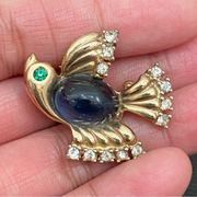 Vintage Unsigned Gold-tone Dove Bird Blue Jelly Belly Brooch Pin