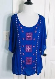 Love Tree Blue Boho Embroidered Peasant Top Large