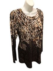 Susan Graver Printed Liquid Knit Top Leopard Print Size XS Long Sleeve