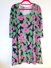 Simply Southern Tunic Dress Floral Hibiscus Palms Sz L (?) GUC Navy Pink Green