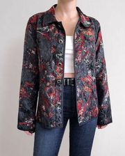 Vintage Floral Tapestry Jacket O/S Red Black Shacket Lightweight Retro Goth