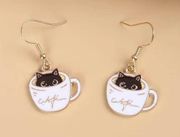 Teacup black cat dangle earrings