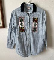 Christmas embroidered striped button up shirt velour collar  angels