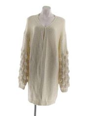 Simply Couture Oversized Beige Open Knit Pom-Pom Sleeve Sweater Cardigan