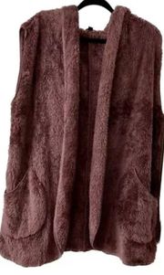 Purple plush polyester long open-front hooded sleeveless cardigan