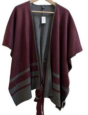 NWT Ann Taylor Factory Wool Blend Burgundy Gray Belted Wrap Sweater One Size