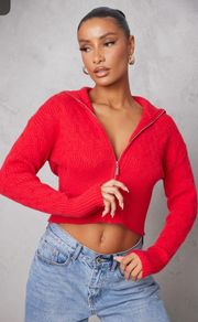Red Zip Up Cable Cropped Cardigan