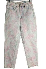 Guess Retro High Rise Tapered Jeans 28 Light Wash Pink Floral 5 Pocket Zip