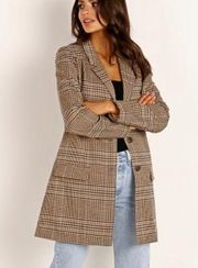 BB Dakota Check This Out Oversized Blazer Jacket Brown Plaid Longline Academia