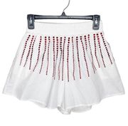 Queen of Sparkles red burst rhinestone elastic waist white swing shorts sz XS