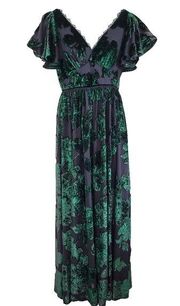 Marchesa Notte V-neck Velvet Burnout Lace Metallic Floral Maxi Dress Gown Size 0