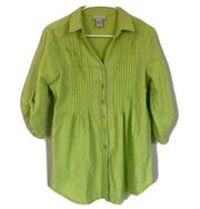 Soft Surroundings Women Size Small Green Cotton Gauze Pintucked Button Up Blouse