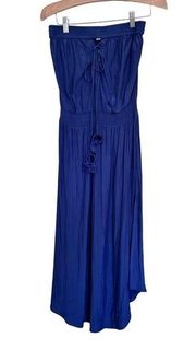 Ramy Brook Strapless Navy Midi dress with smocked waist and tassel tie, Size XXS