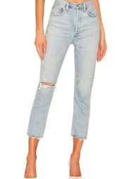 Agolde Riley Straight Crop Light Wash Distressed Jeans in Shatter Size 26