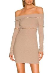 Revolve h:ours Camel Brown Off Shoulder Mini Dress SMALL Pearl Button Dehlia NEW