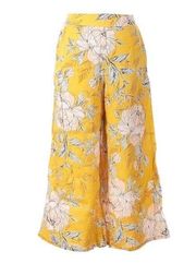 NICOLE MILLER Yellow Floral Linen Wide Leg Cropped Culotte Pants Women’s Medium