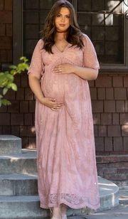 Pink Lace Mesh Overlay Maternity Maxi Dress Sz.1X NWT