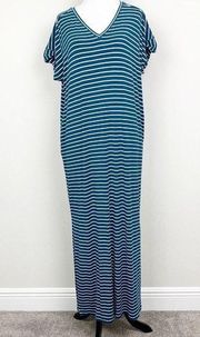 Matilda Jane Set Sail Striped Maxi Dress Teal Blue Stripes Small V-Neck