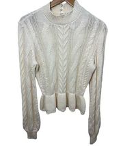 Draper James RSVP Sweater Women's Ivory Ruffled Cable Knit Peplum Small White