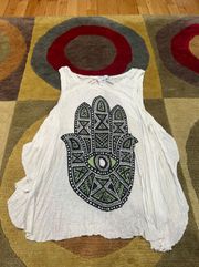 Hamsa Hand White Thin Sheer Open Back Oversized Tank Top Medium