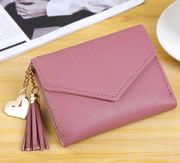 Mauve Pink Tassel Pendant Vegan Leather Wallet Short Card Case Wallet