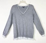 Adrianna Papell Grey & White Lace Trim Hem V Neck Sweater Size L