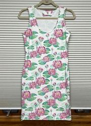 Lula Activewear White Pink Lotus Flower Print Activewear Tank Dress Size Small