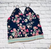 Skies Are Blue Strappy Tank Top Women's Size XL Dark Blue Floral V Neck Blouse