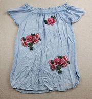 Style Envy Women Dress Size S Blue Chambray Off The Shoulder Floral Embroidered