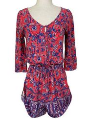 Rip curl boho paisley romper, small three quarter sleeve button up cuff shorts