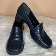 Bandolino Women's Vintage Blue Leather Chunky Heel Loafer Slip On Shoe Size 7