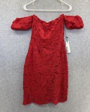 Haute Monde Women's Party Cocktail Dress Solid Red Off Shoulder Lace Overlay Sm