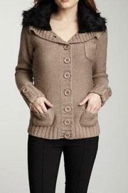 Vertigo Faux Fur Collar Wool Blend Cardigan Beige Size M