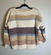 Becool | Brown Cream Blue Striped Knit Boatneck Sweater Size Small Acrylic/Nylon