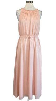 Women's Cocktail Dress Size 8 Pink Chiffon Belted A-Line Midi