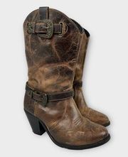 Dingo Womens size 7 Western Boho Cowboy Leather Boots Buckle 10 Inch