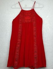 Beautiful red summer Holter dress Sz Small Embroider details Back Keyhole