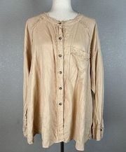 We The Free People Women Keep It Simple Button Up Top L Large Peach Frayed Linen