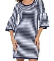 Sail To Sable Bell Sleeve Spring Beach Dress navy blue white striped, Size S